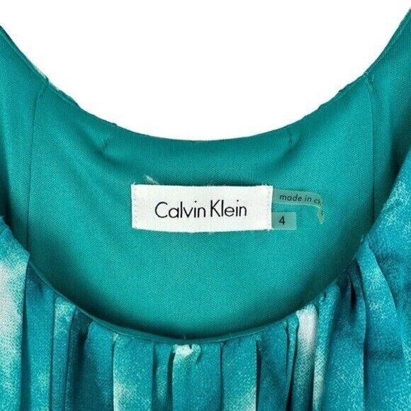Calvin Klein Dress Sz 4 Pleated Bust Laguna Blue Green White Tie Dye Womens - Picture 7 of 9